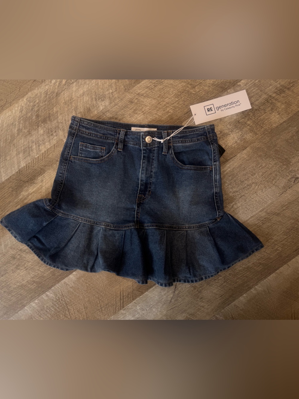 REgeneratiin Dark Blue Denim Ruffle-Hem Mini Skirt, Pockets